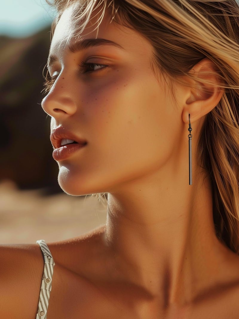 FOCALOOK Black Earrings for Women Hypoallergenic Minimalist Thin Drop Dangle Long Vertical Bar Earrings - Image 3